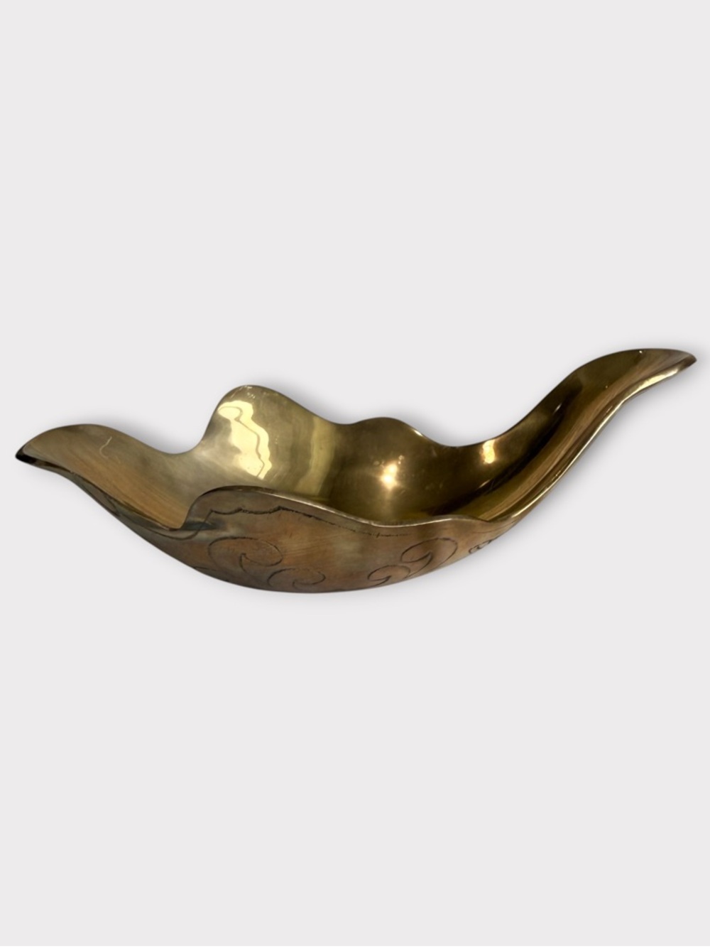 Vintage Etched Solid Brass Asymmetrical Bowl
